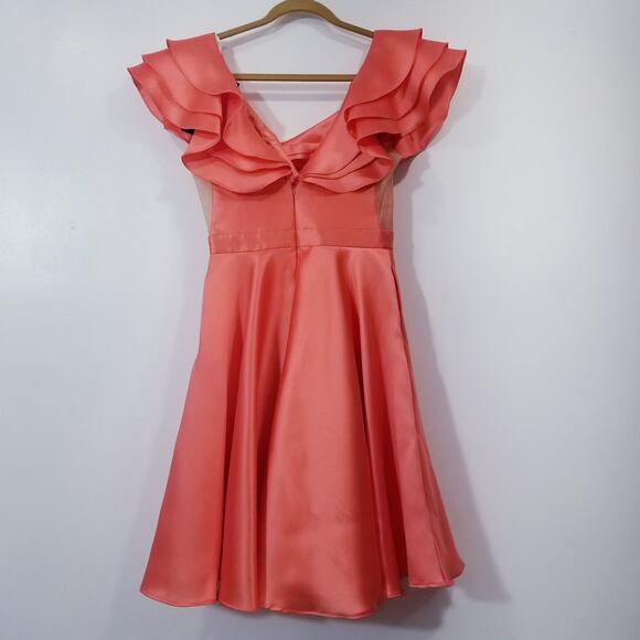 Sherri Hill Coral Formal Dress with Ruffles Fit & Flare Side Sheer Pockets - Picture 2 of 12